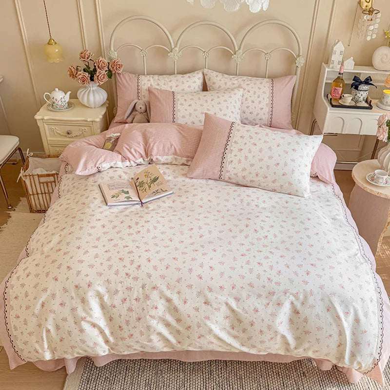 Afralia™ Floral Embroidery Lace Bedding Set Full Double Size Skin Friendly Cotton