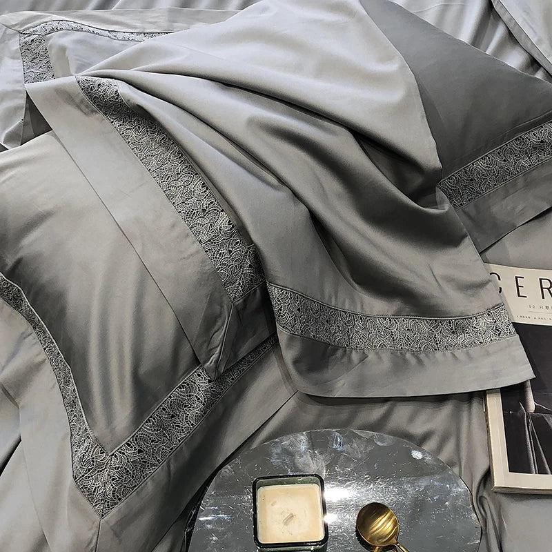 Afralia™ Grey Hollow Lace 1000TC Egyptian Cotton Bedding Set with Wide Edge