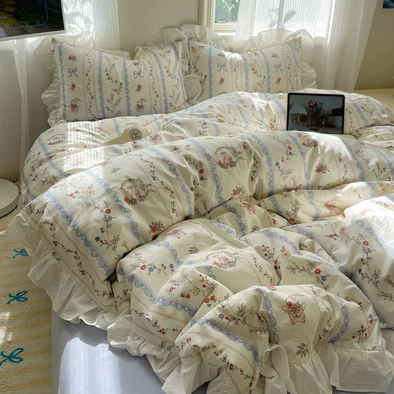 Afralia™ Small Floral Lace Ruffles Princess Bedding Set with Vintage Charm