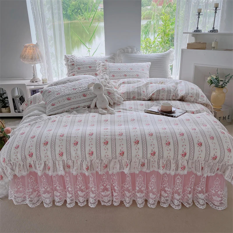 Afralia™ French Floral Print Bedding Set: Duvet Cover, Lace Ruffles, Quilted Embroidery, Pillowcases