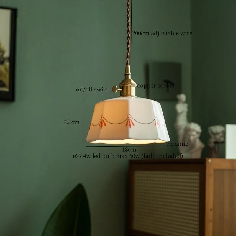 Afralia™ Patterned Ceramic LED Pendant Lamps Vintage Copper Hanging Light for Dining Living Room