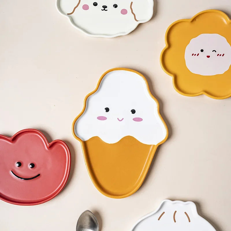 Afralia™ Cloud Tulip Cartoon Dog Bear Ceramic Dessert Plate Cute Tableware