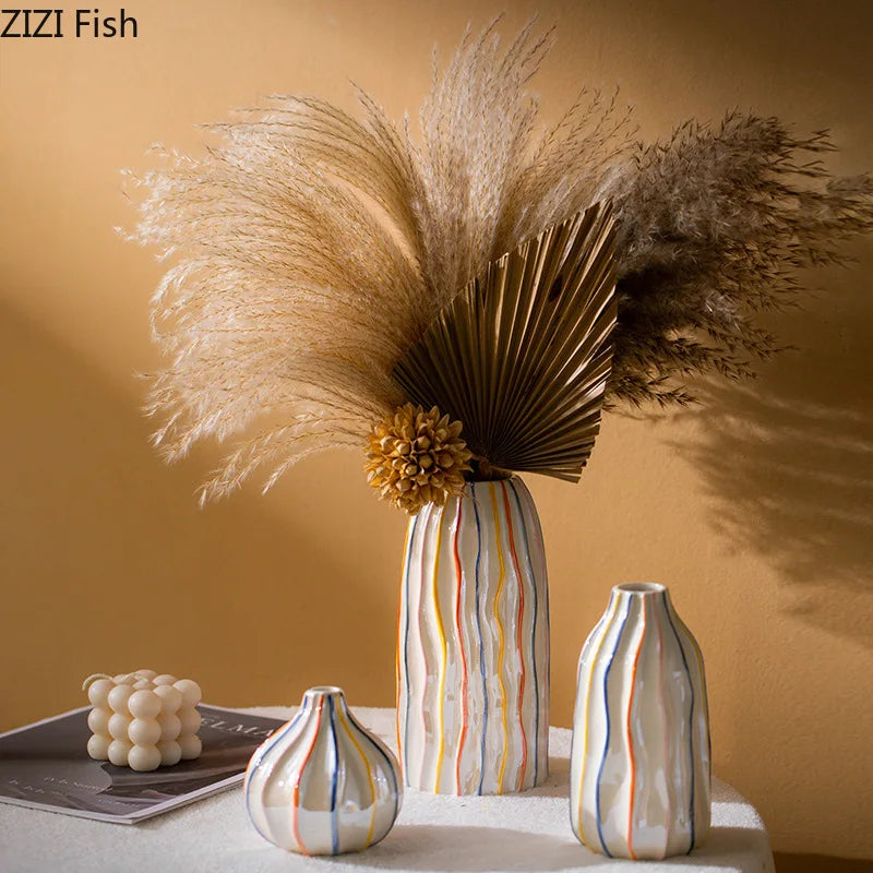 Afralia™ Striped Ceramic Vase for Table Decoration and Artificial Flower Arrangement
