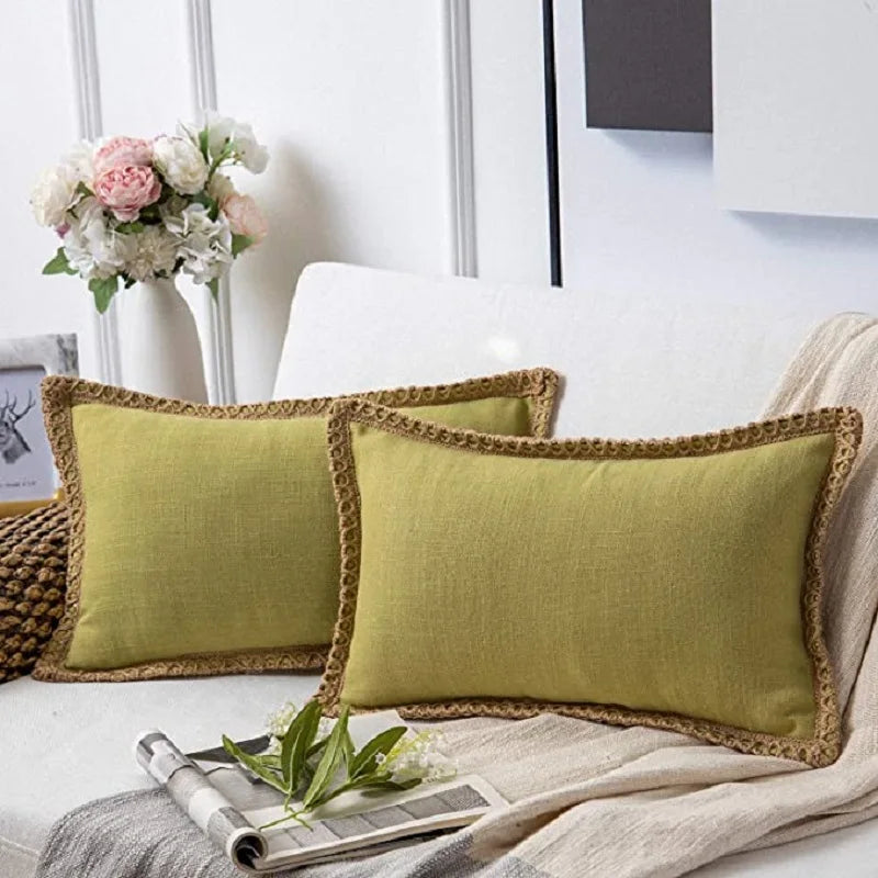 Afralia™ Saga Green Accent Cushion Covers Set: Luxury Soft with Burlap Trim, Tailored Edges