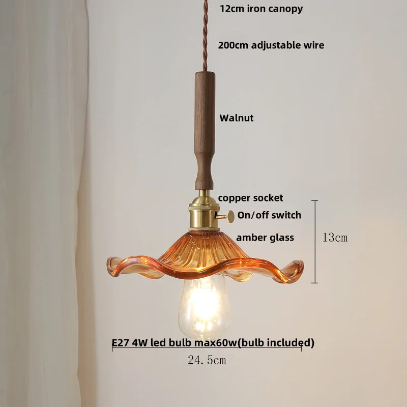 Afralia™ Glass LED Pendant Lamp Walnut Wood Copper Switch Nordic Hanging Light