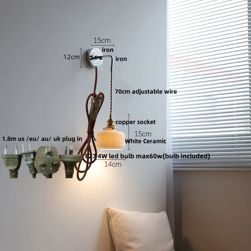 Afralia™ Ceramic LED Wall Sconce Pull Chain Switch Mirror Light Fixture