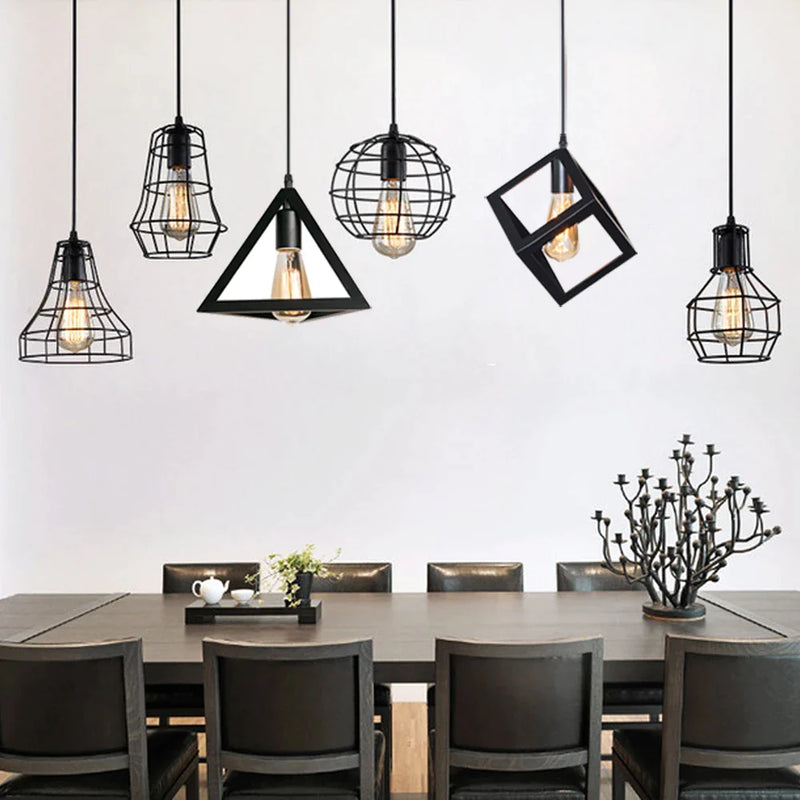 Afralia™ Pyramid Cage Pendant Light | Modern Black Iron Loft Lamp E27 Indoor