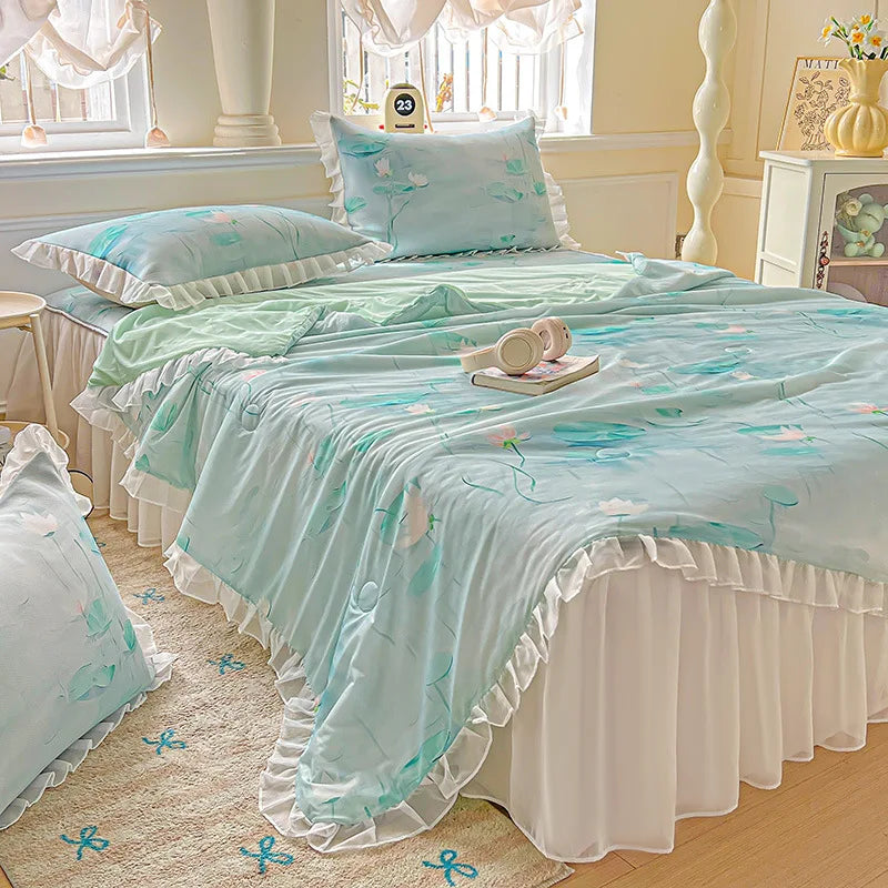 Afralia™ Floral Print Lace and Ruffle Summer Quilt: Skin-Friendly, Breathable Comforter