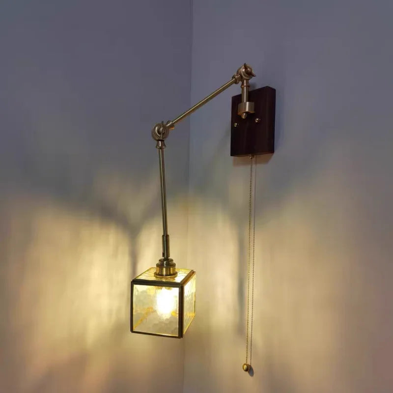Afralia™ Cube Glass LED Wall Sconce Walnut Wood 2 Arms Rotatable Mirror Light