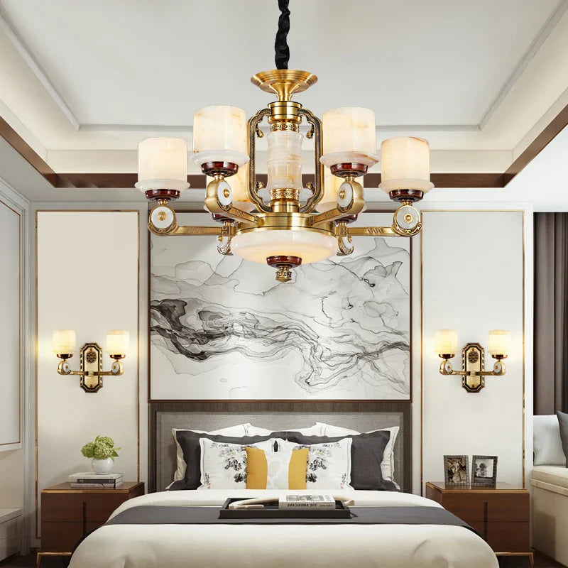 Afralia™ All Copper Jade Chandelier, Modern Chinese Style for Living Room, Bedroom, Dining Room.