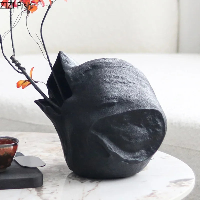 Afralia™ Black Vase Abstract Artwork Flowers Pots Desk Decoration Aesthetic Décor
