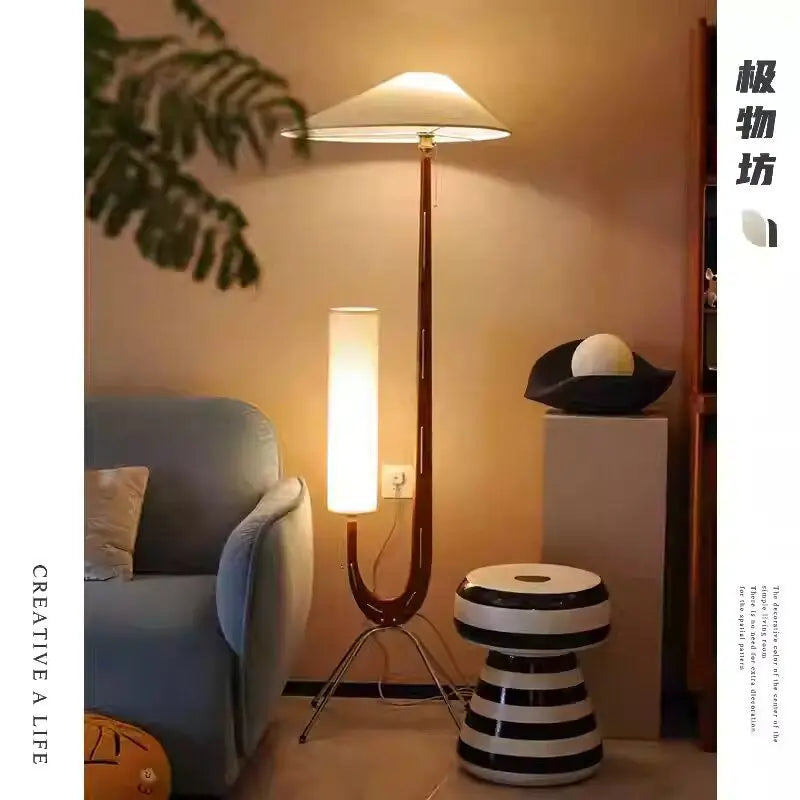 Afralia™ Solid Wood Fabric LED Floor Lamp Vintage Living Room Bedroom Standing Light