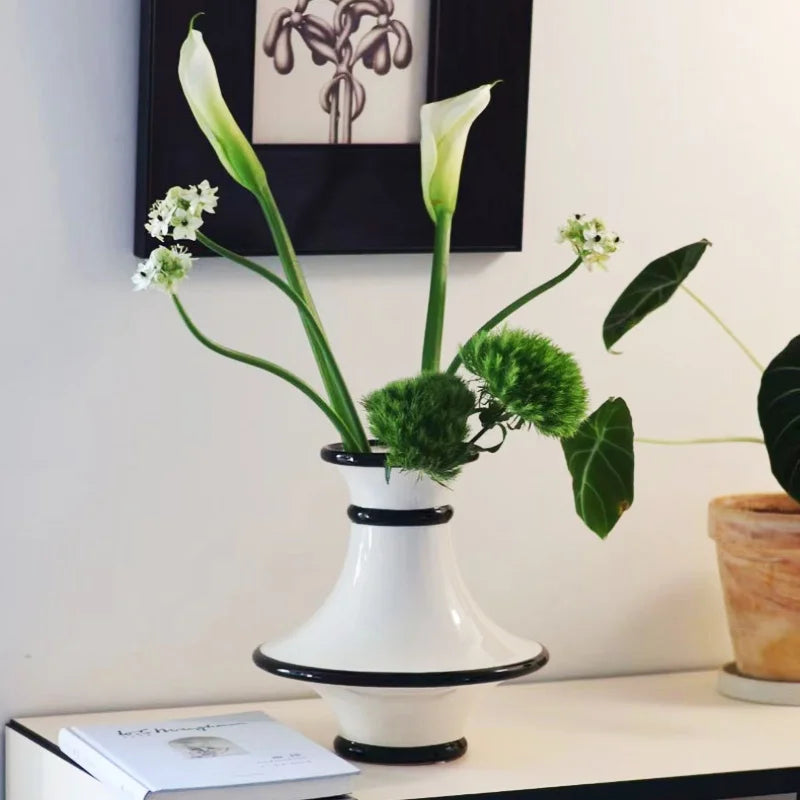 Afralia™ Geometric Black White Stripes Ceramic Vase Home Decor Floral Arrangement