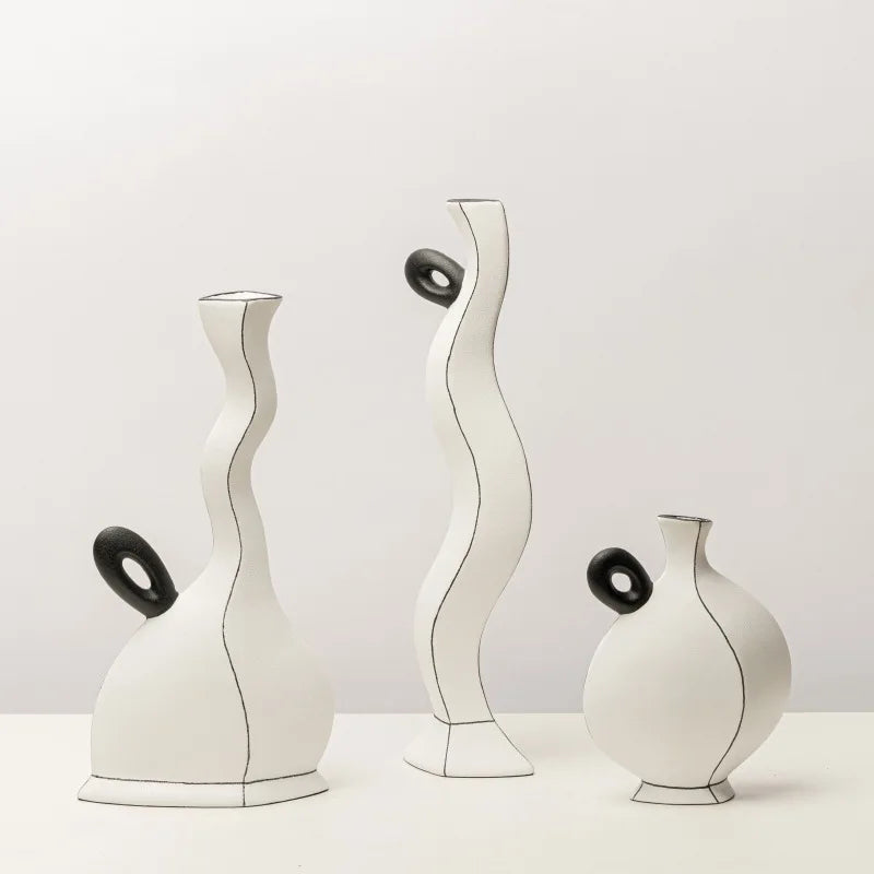 Afralia™ Geometric Black Lines Resin Vase - Handcrafted Floral Home Decor