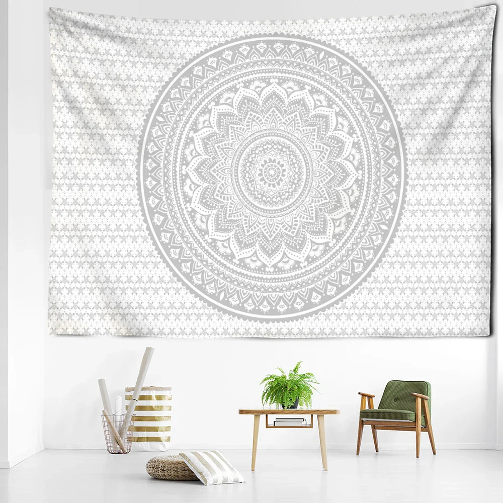 Afralia™ Grey Mandala Tapestry Wall Hanging Psychedelic Hippie Art for Aesthetic Home Decor
