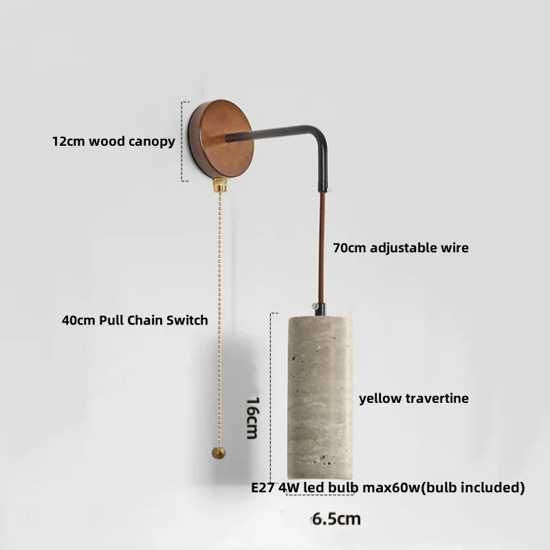 Afralia™ Wood LED Wall Lamp Yellow Travertine Pull Chain Switch Modern Nordic Style