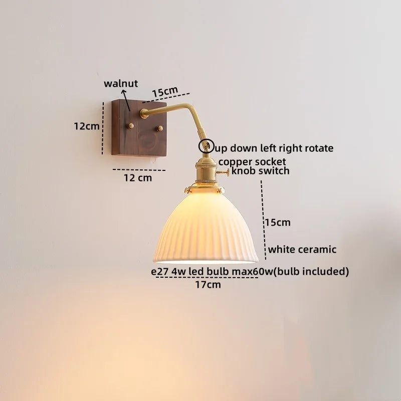 Afralia™ Walnut Copper LED Wall Lights Fixture with Pull Chain Switch - Modern Bedside Lamp