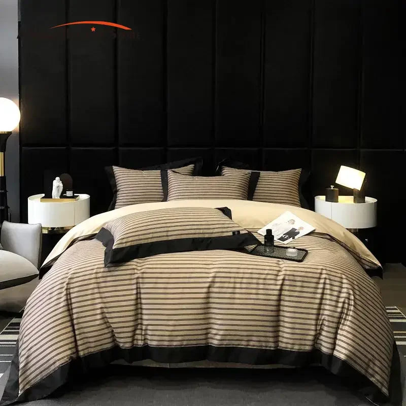 Afralia™ Luxury Egyptian Cotton Stripes Bedding Set - 4-Piece Duvet Cover, Sheet, Pillowcases