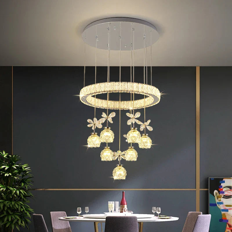 Afralia™ Crystal Petal Ceiling Chandelier: Modern Round Chrome Hanging Light for Home Decor