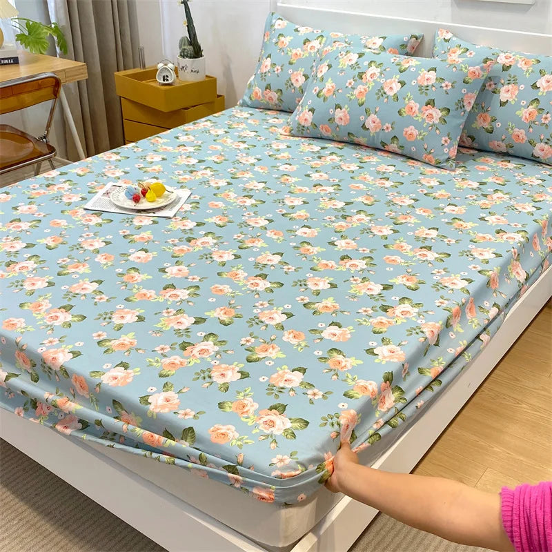 Afralia™ Fashion Flowers Print Cotton Fitted Sheet Single Piece Queen Size, Soft Pink Bed Linen