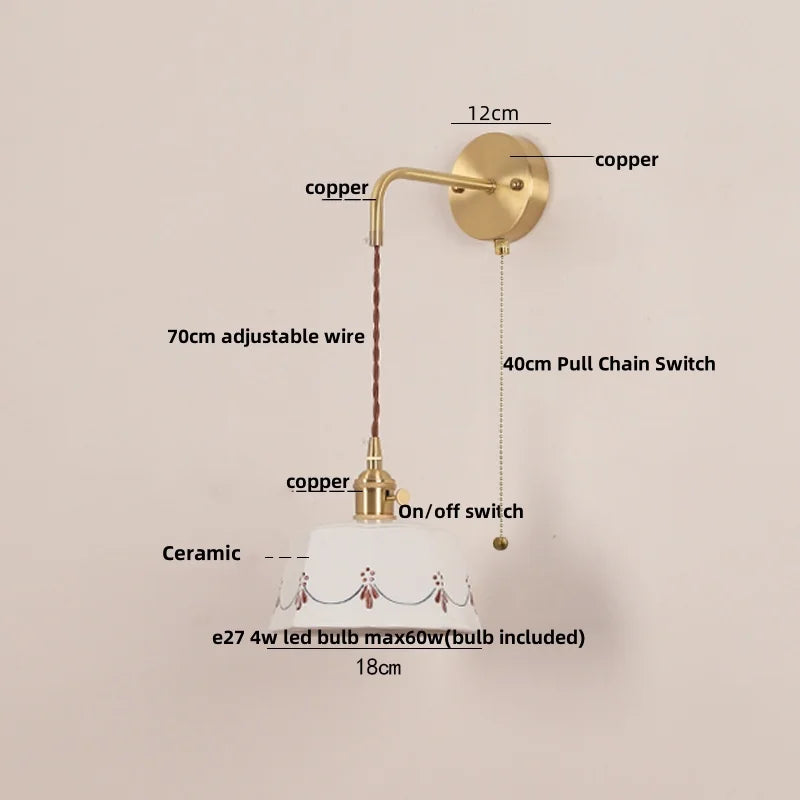 Afralia™ Ceramic LED Wall Lamps Pull Chain Switch Rotate Copper Vanity Light