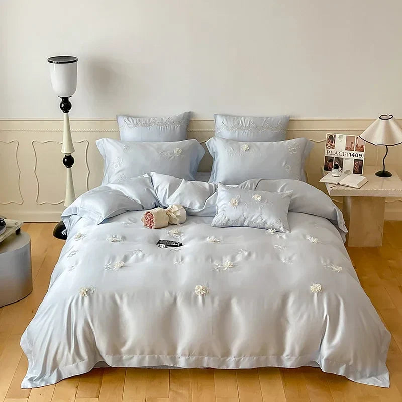 Afralia™ Pink Flower Embroidered Lyocell Bedding Set - High-end Duvet Cover Set