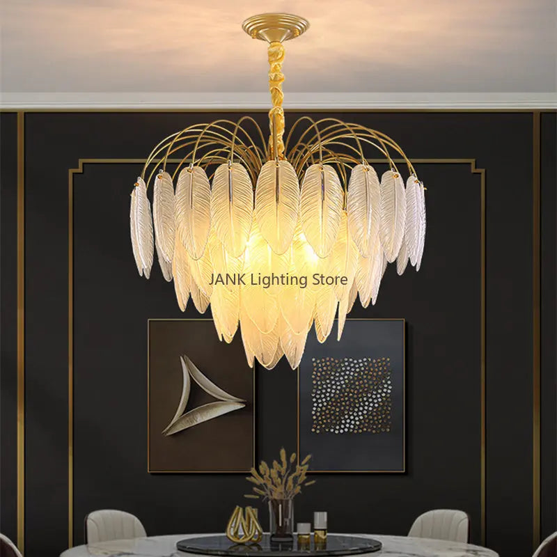 Afralia™ Modern French Feather Glass Chandelier, LED Pendant Light for Living Room, Bedroom, Restaurant