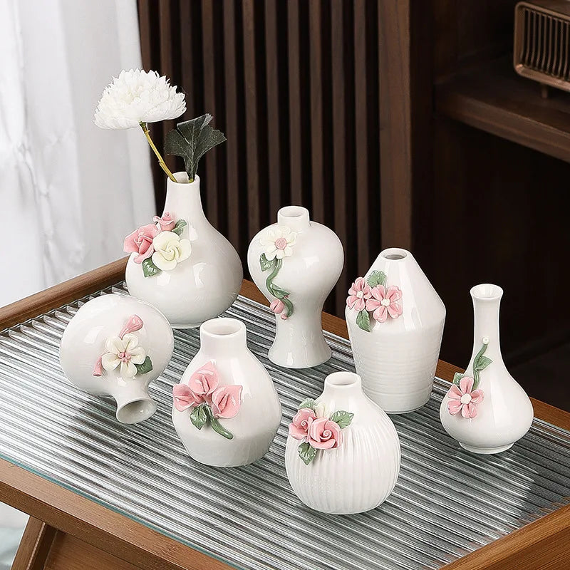 Afralia™ Mini Embossed Flower Ceramic Vase for Home Decoration and Floral Arrangement