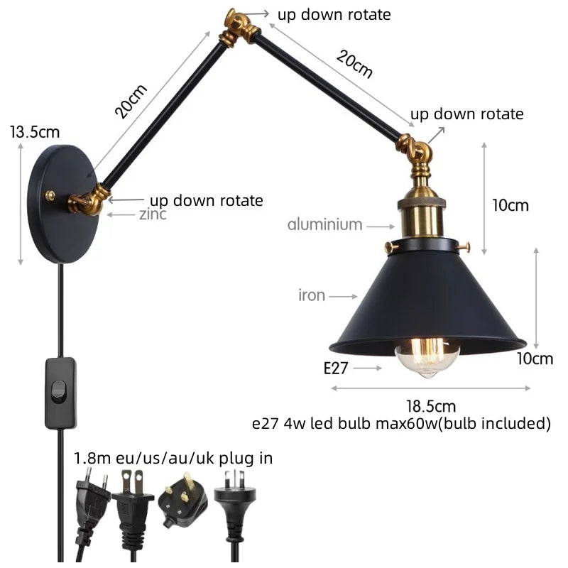 Afralia™ Industrial Loft LED Wall Lamp Black Vintage Swing Arm Mirror Light