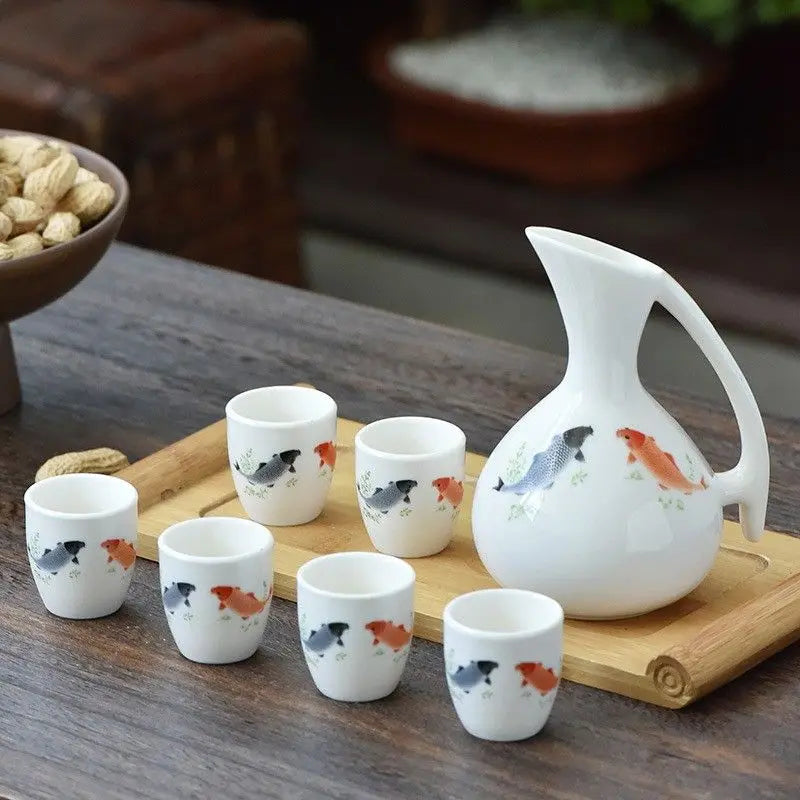 Afralia™ Ceramic Wine Set Dispenser Antique Pot Liquor Cup Warming Container