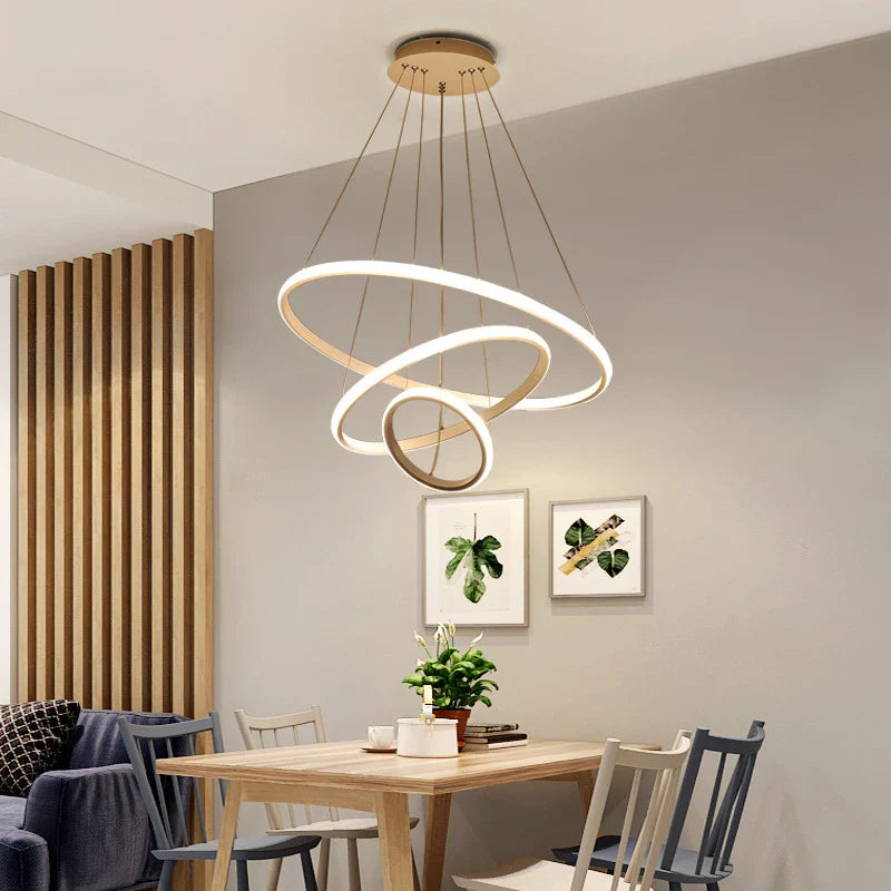 Afralia™ Gold Circle Rings Chandelier LED Pendant Light for Living Room, Kitchen, Dining Room