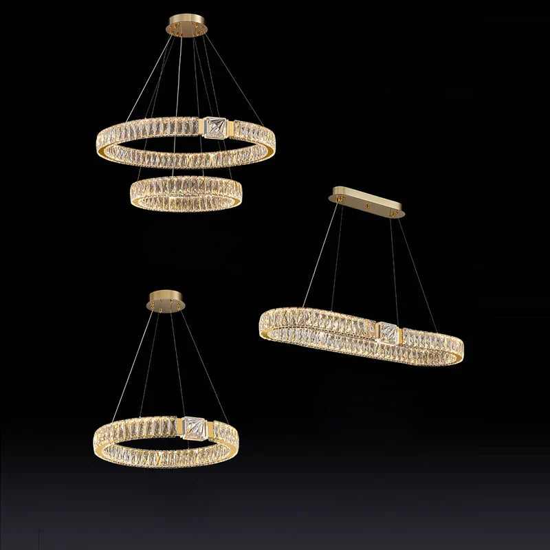Afralia™ Crystal Block Gold Ring Pendant Light - Luxury Dimmable Ceiling Decor