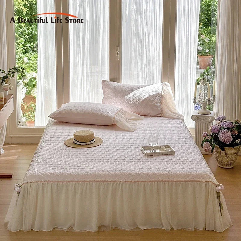 Afralia™ Silky Eucalyptus Fiber Bedspread Set with Lace Bed Skirt & Pillowcases