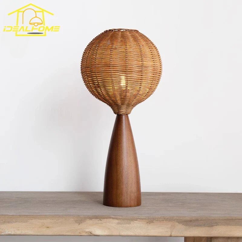 Afralia™ Wabi-Sabi Wooden Table Lamp LED Rattan Weaving Shade for Home Decor