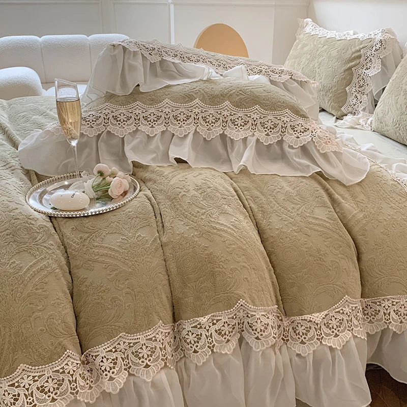 Afralia™ Luxe Velvet Lace Ruffle Duvet Set with Plush Pillowcases, Winter Bedding Collection