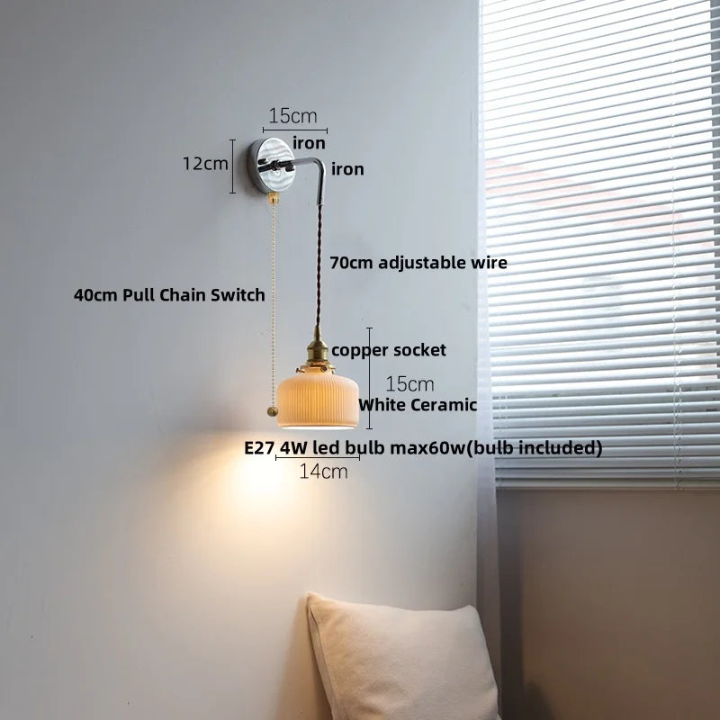 Afralia™ Ceramic LED Wall Sconce Pull Chain Switch, Modern Nordic Bathroom Mirror Light