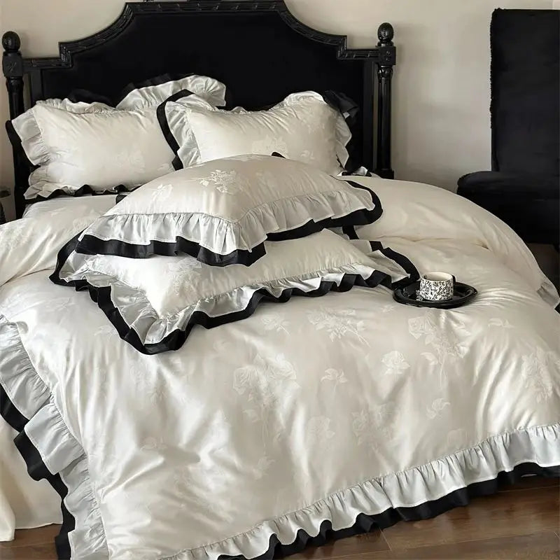 Afralia™ Vintage French Ruffles Black Edge Rose Jacquard Bedding Set & Sheet Set