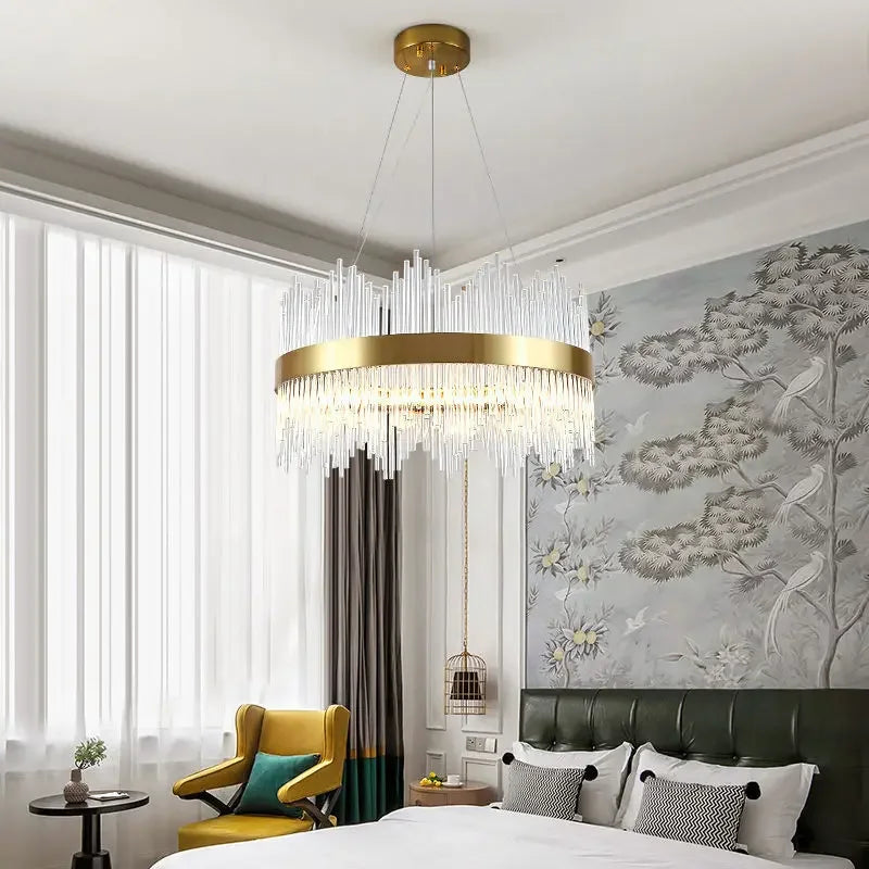 Afralia™ Gold Crystal Chandelier Dimmable Luxury Pendant Lights for Bedroom & Living Room