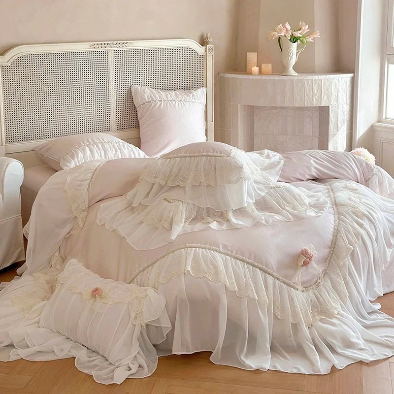 Afralia™ Luxe Pink Lace Ruffles Wedding Bedding Set 4Pcs