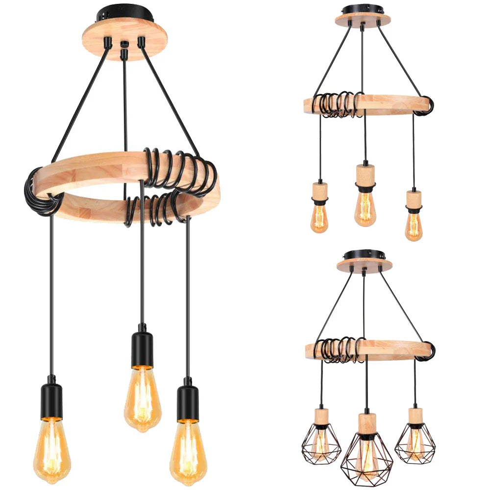 Afralia™ Wooden 3-Head Industrial Pendant Chandeliers for Home Decor