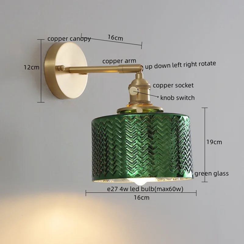 Afralia™ Copper Glass Knob Switch LED Wall Light, Nordic Modern Bedside Lamp