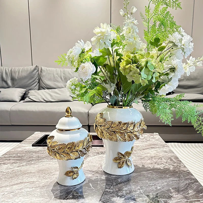 Afralia™ Golden Leaves Ceramic Flower Vase with Hand-embossed Flowers for Flower Arrangement