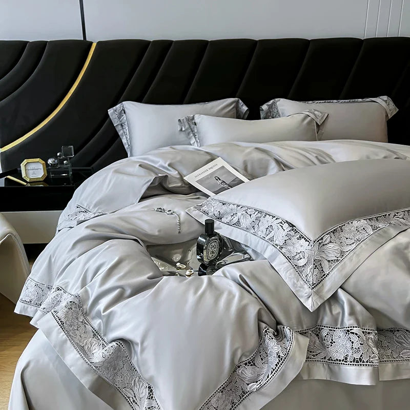 Afralia™ Luxe 1500TC Egyptian Cotton Lace Wide Edge Bedding Set: Duvet Cover, Sheet, Pillowcases