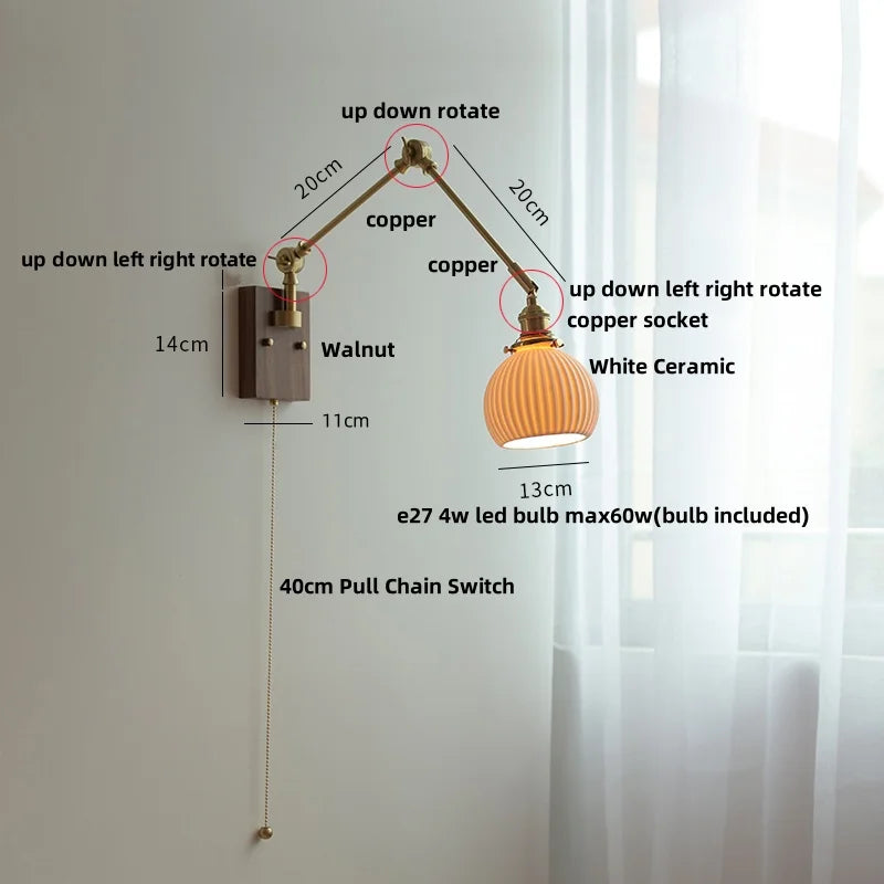 Afralia™ Ceramic Ball Brass Walnut Wood Wall Light with Pull Chain Switch