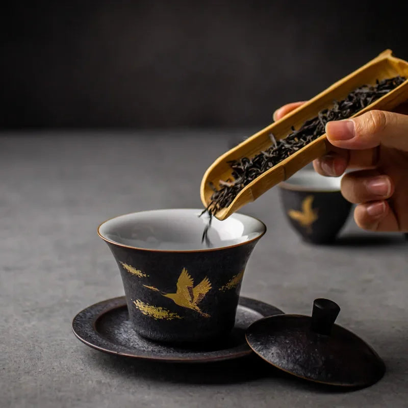 Afralia™ Handmade Ceramic Gaiwan Tea Cup Kung Fu Tea Set Tureen Drinkware