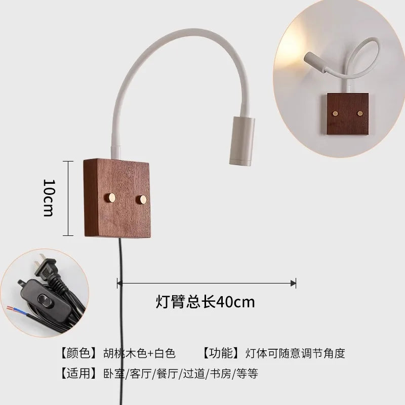 Afralia™ Walnut Wood LED Wall Lamp for Bedroom Study Cafe, Adjustable Universal Joint