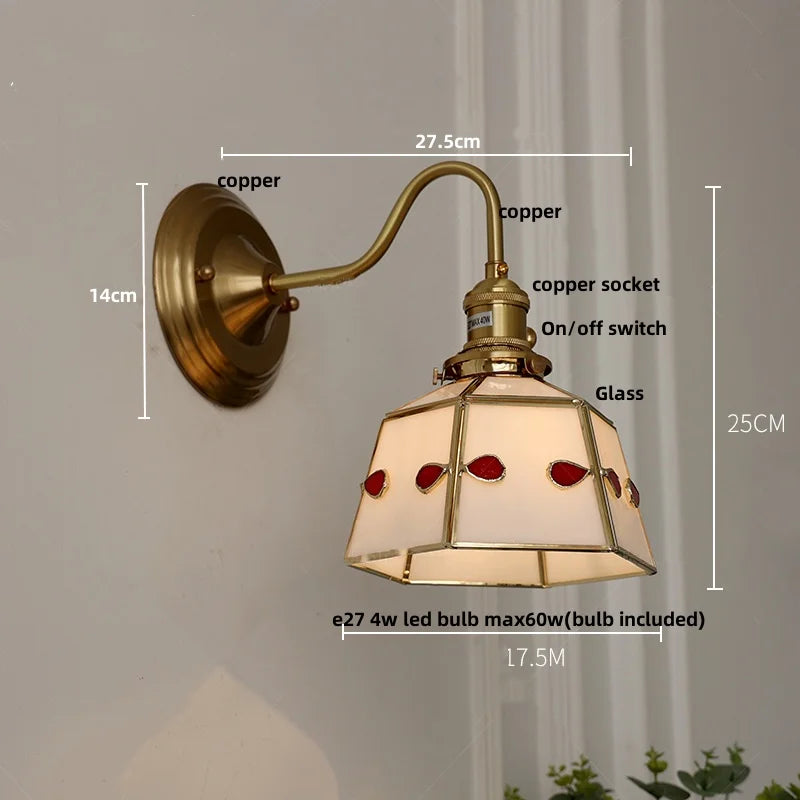 Afralia™ Green Glass LED Wall Sconce Copper Knob Switch Vintage Loft Stair Light