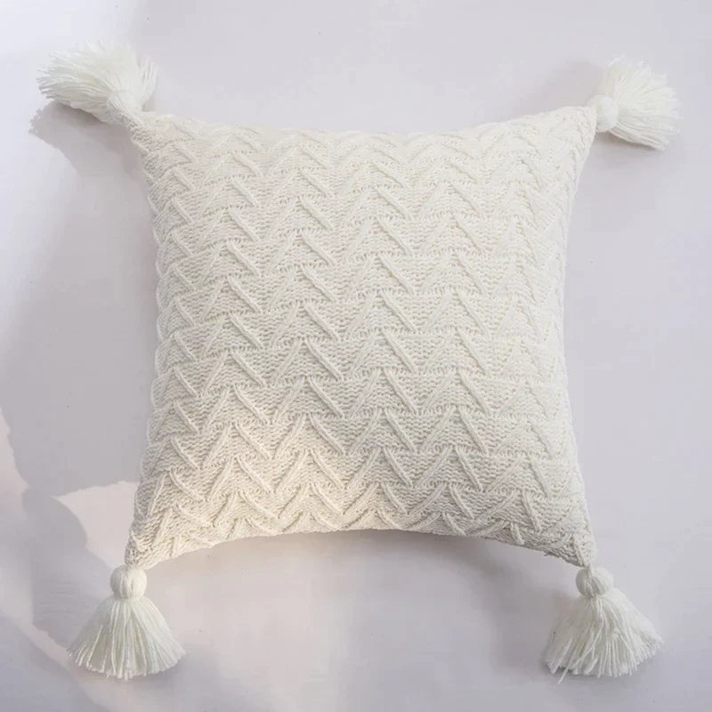 Afralia™ Soft Knit Tassel Pillow Cover 45x45cm Solid Square Pink Grey Cream