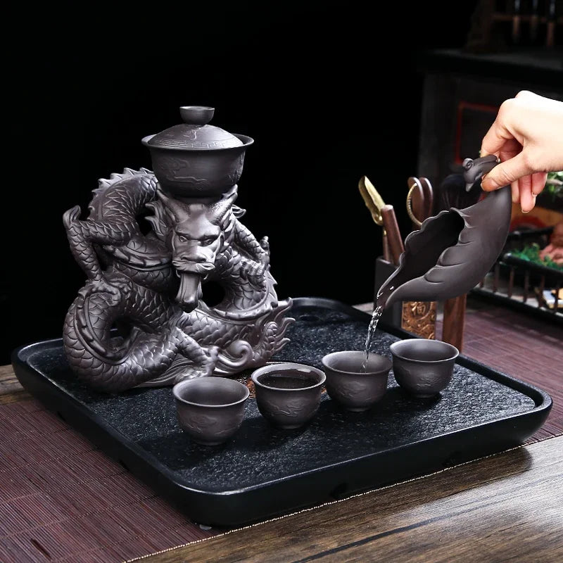 Afralia™ Dragon Teapot Set | Semi-Automatic Tea Set | Magnetic Rotating Water-Conducting Tea Set