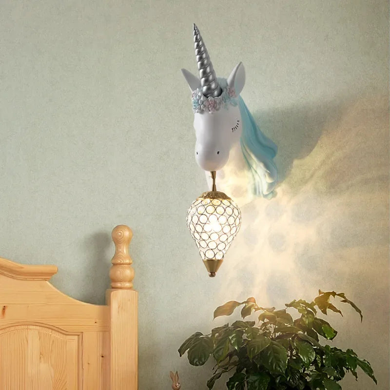 Afralia™ Unicorn Crystal LED Wall Lamp: Modern Nordic Style for Children's Room Decor.